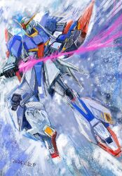  2024 aeug beam_saber blue_background dated gradient_background gundam gundam_zz highres machinery mecha mecha_focus mobile_suit no_humans okrdisk2000 robot science_fiction shield thrusters v-fin zeta_gundam zeta_gundam_(mobile_suit) 