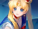  1girl bishoujo_senshi_sailor_moon blonde_hair blue_eyes blue_sailor_collar choker circlet collarbone collared_shirt crescent crescent_earrings double_bun earrings eyebrows_visible_through_hair from_above hair_over_shoulder hair_tubes heart heart_choker indoors jewelry light_particles long_hair mifa_(hmjmh) parted_lips red_choker sailor_collar sailor_moon sailor_moon_redraw_challenge sailor_senshi_uniform sailor_shirt shirt solo twintails upper_body white_shirt 