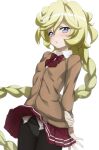  braid braided_ponytail cardigan carol_malus_dienheim fujikawa_daichi mole mole_under_eye panties panties_under_pantyhose pantyhose school_uniform senki_zesshou_symphogear shiny shiny_hair underwear 