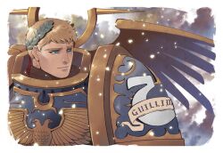  1boy armor blonde_hair blue_eyes closed_mouth imperium_of_man laurel_crown male_focus pauldrons primarch roboute_guilliman short_hair shoulder_armor sjax001 snowing solo ultramarines upper_body warhammer_40k 