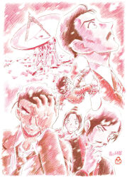  1girl 4boys aoyama_goushou artist_name clenched_teeth covering_own_eyes edogawa_conan glasses hand_on_own_chin highres jacket long_sleeves meitantei_conan morofushi_takaaki mouri_kogoro multiple_boys necktie official_art open_mouth short_hair signature snowboard snowing sweatdrop teeth uehara_yui yamato_kansuke 