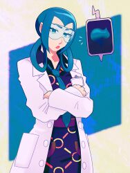  1girl black_dress blue-tinted_eyewear blue_background blue_eyes blue_hair blue_necktie closed_mouth coat commentary crossed_arms dress english_commentary glasses hair_rings highres insecateur lab_coat lipstick long_hair long_sleeves mable_(pokemon) makeup necktie open_clothes open_coat pokemon pokemon_legends:_z-a red_lips rotom rotom_phone safety_glasses sitting tinted_eyewear white_coat yellow_background 