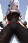  1girl absurdres artist_name black_bodysuit bodysuit breasts closed_mouth covered_navel cowboy_shot from_below genshin_impact hair_ornament hair_over_one_eye highres hip_vent large_breasts long_hair looking_at_viewer shenhe_(genshin_impact) silver_hair solo tassel the_atko 