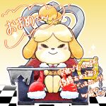  1girl :&gt; animal_crossing animal_ears animal_nose bangs barefoot blonde_hair blush_stickers body_fur buttons cape cardigan chair checkered checkered_floor closed_eyes closed_mouth commentary_request crown dog_ears dog_girl facing_viewer flat_chest full_body fur-trimmed_cape fur_trim furry furry_female gradient gradient_background green_skirt hands_up happy holding holding_weapon indoors isabelle_(animal_crossing) jacket jimuin_ao jpeg_artifacts keyblade kingdom_hearts legs_together long_sleeves mickey_mouse mini_crown miniskirt multicolored_hair neck_ribbon notice_lines on_chair orange_cardigan orange_jacket outline parted_bangs red_cape red_ribbon ribbon shiny shiny_hair short_hair simple_background sitting skirt smile solo sparkle straight-on super_smash_bros. text_focus throne tied_hair topknot translation_request two-tone_fur two-tone_hair weapon white_fur white_outline yellow_background yellow_fur yellow_headwear 