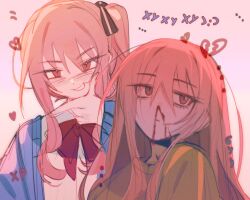  1other aegyo_sal akiyama_mizuki blood blue_cardigan bow bowtie cardigan chromosome closed_mouth commentary empty_eyes grin hair_down hand_on_own_chin heart highres keikyoku_no_machi_wa_doko_e_(project_sekai) long_hair looking_at_viewer looking_to_the_side looking_up luwwakk multiple_views nosebleed open_cardigan open_clothes pink_background pink_hair project_sekai red_bow red_bowtie red_eyes school_uniform shirt side_ponytail sidelocks simple_background smile upper_body white_shirt yellow_shirt 