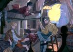  3boys akihare bed beer_keg black_hair blonde_hair brothers bunk_bed chair curtains grin hat indoors male_focus monkey_d._luffy multiple_boys one_piece pillow portgas_d._ace sabo_(one_piece) siblings sitting smile talking treasure_chest window 