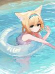  1girl absurdres animal_ear_fluff animal_ears arknights bangs bare_arms bare_shoulders bikini blue_hair blue_hairband blush braid closed_mouth commentary_request eyebrows_visible_through_hair fox_ears green_eyes hair_between_eyes hair_intakes hair_rings hairband highres innertube partially_submerged red_(aba02) smile solo suzuran_(arknights) swimsuit transparent twin_braids water white_bikini 