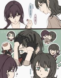  >_< bang_dream! bang_dream!_it's_mygo!!!!! black_gloves black_hair black_vest capelet chinese_commentary chinese_text closed_mouth commentary_request earphones electric_bass_guitar gloves green_eyes hair_between_eyes hanasakigawa_school_uniform hands_on_own_head highres hug killkiss_(bang_dream!) long_hair long_sleeves mole mole_under_eye one_eye_closed red_capelet school_uniform shiina_taki short_hair timoris_(bang_dream!) translation_request vest violet_eyes yahata_umiri zih_ii 
