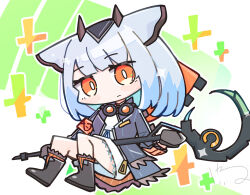  1girl arknights armband black_footwear black_outline blue_hair blush_stickers boots bright_pupils chibi chibi_only closed_mouth commentary cross full_body grey_hair highres keirono long_sleeves looking_at_viewer medium_hair no_nose orange_armband orange_eyes outline ptilopsis_(arknights) signature solo symbol-only_commentary white_pupils 