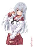  1girl alternate_costume black_neckerchief breasts brown_eyes cowboy_shot ebifurya eyebrows_visible_through_hair full_body highres kantai_collection large_breasts long_hair looking_at_viewer neckerchief pleated_skirt red_sailor_collar red_skirt sailor_collar school_uniform shoukaku_(kancolle) skirt smile twitter_username white_background white_hair 