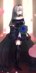  1girl absurdres artoria_pendragon_(fate) black_dress black_legwear bouquet braid breasts dress fate/grand_order fate/stay_night fate_(series) flower from_side hair_ribbon high_heels highres holding holding_bouquet holding_flower light looking_at_viewer petals ribbon saber_alter sii_artatm solo thigh-highs veil wedding_dress 