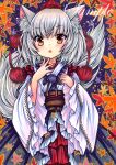  1girl :o alternate_costume animal_ear_fluff animal_ears autumn_leaves black_skirt blush brown_ribbon cowboy_shot eyebrows_visible_through_hair frilled_skirt frills grey_tail inubashiri_momiji japanese_clothes kimono leaf leaf_background leaf_print long_sleeves looking_at_viewer marker_(medium) medium_hair neck_ribbon open_mouth pom_pom_(clothes) print_skirt red_eyes ribbon rui_(sugar3) sample shiny shiny_hair silver_hair skirt solo tail touhou traditional_media white_kimono wide_sleeves wolf_ears wolf_tail 