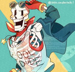  1boy 2024 2d absurdres alternate_costume arm_up artist_logo artist_name digital_media eyewear_on_head gloves green_jacket highres humanoid jacket large_filesize male male_focus male_only monster monster_boy necklace open_mouth papyrus_(undertale) red_gloves red_scarf ribs scarf see-through see-through_clothes see-through_tank_top simple_background skeleton solo soto_undertale spine star_necklace summer sunglasses tank_top teal_background teeth twitter_username two-tone_background undead undertale upper_body utdr_(toby_fox) watermark 