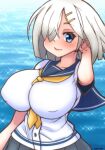  1girl blue_eyes breasts daichi_(daiti1318) hair_ornament hair_over_one_eye hairclip hamakaze_(kancolle) highres kantai_collection large_breasts lips looking_at_viewer neckerchief pleated_skirt school_uniform serafuku short_hair silver_hair skirt smile solo yellow_neckerchief 