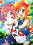  2girls ahoge akaza_akari bangs blouse blue_eyes bow double_bun hair_bow hair_ornament hello_kitty hello_kitty_(character) highres higurashi_no_naku_koro_ni mashimaro_tabetai multiple_girls open_mouth orange_hair redhead ryuuguu_rena school_uniform serafuku shirt short_hair smile violet_eyes white_shirt yuru_yuri 