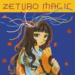  1girl album_cover black_hair blue_background blue_nails cable cover english_text flower folding_fan green_eyes hand_fan hime_cut itoshiki_rin japanese_clothes kawaoka_nano kimono long_hair looking_at_viewer nail_polish parody sayonara_zetsubou_sensei smile upper_body wavy_hair yellow_magic_orchestra 
