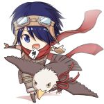  1boy ace_of_spades alternate_color bangs belt bird blue_eyes blue_hair boots brown_belt brown_footwear brown_gloves brown_shirt brown_shorts card card_in_mouth chibi commentary_request crop_top eagle fingerless_gloves full_body gloves goggles goggles_on_head hair_between_eyes hair_over_one_eye looking_at_viewer male_focus mouth_hold natsuya_(kuttuki) open_mouth outstretched_arms playing_card pouch ragnarok_online ranger_(ragnarok_online) red_scarf scarf shirt short_hair shorts simple_background sleeveless sleeveless_shirt smile solo white_background 