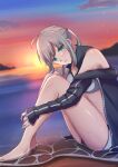  1girl ahoge artoria_pendragon_(fate) artoria_pendragon_(swimsuit_archer)_(fate) bangs bare_legs bare_shoulders barefoot beach bikini breasts dusk eyebrows_behind_hair eyebrows_visible_through_hair fate/grand_order fate_(series) from_side gray_(fate) green_eyes grey_hair hands_on_own_knees hands_on_own_legs highres jacket long_hair looking_at_viewer lord_el-melloi_ii_case_files ocean open_clothes open_mouth ponytail reflection sii_artatm sitting solo swimsuit wet 