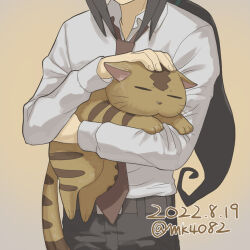  1boy animal black_hair black_pants brown_background brown_necktie cat daitokuji dated fingernails head_out_of_frame holding holding_animal holding_cat long_hair male_focus moiko necktie pants petting pharaoh_(cat) shirt signature white_shirt yu-gi-oh! yu-gi-oh!_gx 