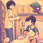  2boys bangs black_hair bookshelf buttons camper_(pokemon) commentary_request couch cupboard faucet glasses green_shirt green_shorts hatted_pokemon haunter holding indoors itome_(funori1) male_focus multiple_boys open_mouth pants persian pokemon pokemon_(creature) pokemon_(game) pokemon_gsc shirt short_hair short_sleeves shorts sitting smile standing super_nerd_(pokemon) sweatdrop 