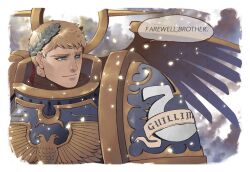  1boy armor blonde_hair blue_eyes closed_mouth english_text imperium_of_man laurel_crown light_smile male_focus pauldrons primarch roboute_guilliman short_hair shoulder_armor sjax001 snowing solo ultramarines upper_body warhammer_40k 