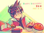  1boy bangs baseball_cap blush bulbasaur buttons character_name closed_mouth commentary_request dated hair_between_eyes happy_birthday hat hat_removed headwear_removed holding holding_poke_ball itome_(funori1) jacket looking_down male_focus open_clothes open_jacket pikachu poke_ball poke_ball_(basic) pokemon pokemon_(creature) pokemon_adventures red_(pokemon) shirt short_hair smile spiky_hair table 