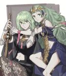  2girls absurdres bangs bare_shoulders blunt_bangs breasts byleth_(fire_emblem) byleth_eisner_(female) commentary_request eyebrows_visible_through_hair fire_emblem fire_emblem:_three_houses green_eyes green_hair hair_between_eyes highres hug long_hair looking_at_viewer medium_breasts multiple_girls nanao_parakeet navel pantyhose pointy_ears sothis_(fire_emblem) sword weapon 