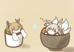  2girls anchorage_(azur_lane) animal_ear_fluff azur_lane blonde_hair blue_butterfly bug butterfly chibi closed_eyes cup hair_between_eyes in_container in_cup kitsune koti multiple_girls multiple_tails shinano_(azur_lane) simple_background sleeping tail twintails very_long_sleeves violet_eyes white_tail yellow_background zzz 