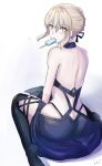  1girl artoria_pendragon_(alter_swimsuit_rider)_(fate) artoria_pendragon_(fate) back bare_back bare_shoulders black_legwear blonde_hair braid eating fate/grand_order fate_(series) food hair_ribbon highres looking_at_viewer looking_back open_mouth popsicle ribbon sii_artatm simple_background sitting solo thigh-highs white_background yellow_eyes 