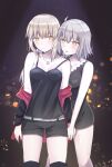  2girls absurdres ahoge artoria_pendragon_(fate) bangs bare_arms bare_legs bare_shoulders belt blonde_hair boots breasts cleavage_cutout clothing_cutout coat eyebrows_behind_hair eyebrows_visible_through_hair fate/grand_order fate_(series) grey_hair highres holding_hands jeanne_d&#039;arc_(alter)_(fate) jeanne_d&#039;arc_(fate) long_hair multiple_girls neck night saber_alter short_hair shorts sii_artatm silver_hair skirt tongue tongue_out wicked_dragon_witch_ver._shinjuku_1999 yellow_eyes 