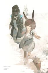  1other 2girls absurdres ambiguous_gender amiya_(arknights) animal animal_ears arknights black_jacket brown_hair closed_eyes doctor_(arknights) dress hand_grab highres hood hooded_jacket jacket long_hair mask multiple_girls open_clothes open_jacket pointing rabbit_ears snow theresa_(arknights) white_dress yuishironeko 