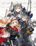  3girls alchemaniac animal_ears archetto_(arknights) arknights blonde_hair blue_eyes choker dress gloves grani_(arknights) grey_hair hair_ornament hat highres jacket long_hair multiple_girls red_eyes silver_hair skadi_(arknights) violet_eyes weapon 