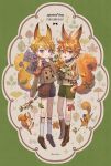  2boys animal animal_ears blue_eyes boots brown_footwear brown_shorts green_shorts grey_scarf highres lalala222 leaf long_sleeves looking_at_viewer multiple_boys original scarf shoes shorts smile socks squirrel squirrel_boy squirrel_ears squirrel_tail tail white_legwear 