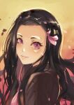  1girl black_hair closed_mouth fadingz fang fang_out from_side hair_ribbon highres kamado_nezuko kimetsu_no_yaiba long_hair looking_at_viewer pink_eyes pink_ribbon ribbon shiny shiny_hair slit_pupils smile solo upper_body yellow_background 