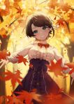  1girl absurdres autumn_leaves bangs blue_eyes blue_skirt blush bow bowtie brown_hair buttons center_frills forest frilled_shirt frilled_shirt_collar frilled_skirt frills grin hair_ribbon head_tilt highres hololive leaf long_sleeves looking_at_viewer maple_leaf nature oozora_subaru plaid plaid_skirt red_bow red_bowtie ribbon shirt short_hair shyi skirt smile solo tree white_ribbon white_shirt 