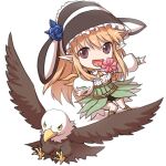  1girl :d bangs belt bird black_headwear black_shorts blonde_hair blue_flower bonnet boots breasts brown_belt brown_eyes brown_footwear chibi commentary_request detached_sleeves eagle eyebrows_visible_through_hair flower flower_in_mouth full_body long_hair looking_at_viewer medium_breasts natsuya_(kuttuki) official_alternate_costume open_mouth outstretched_arm pink_flower pointy_ears ragnarok_online ranger_(ragnarok_online) rose scarf short_shorts shorts simple_background skirt smile solo underbust white_background white_skirt white_sleeves yellow_scarf 