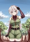  1girl absurdres ahoge belt blush breasts bright_pupils detached_sleeves eyebrows_visible_through_hair fingerless_gloves forest gloves grey_hair highres jimpu6 large_breasts nature original sky smile solo sweater_under_jacket thigh-highs thighs tree virtual_youtuber 