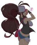  1girl ? adjusting_clothes adjusting_headwear ahoge ass bag baseball_cap black_vest blue_eyes blue_shorts breasts brown_hair closed_mouth commentary cowboy_shot curvy denim denim_shorts eyelashes from_side handbag hat highres hilda_(pokemon) large_breasts long_hair looking_at_viewer looking_back nac000 open_clothes open_vest poke_ball_print pokemon pokemon_(game) pokemon_bw ponytail shade short_shorts shorts sidelocks simple_background sleeveless smile solo spoken_question_mark sweatband tank_top thick_thighs thighs vest white_background white_headwear white_tank_top wristband 