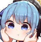  1girl blue_eyes blue_hair blush chibi eyebrows_visible_through_hair hair_between_eyes hat hololive hoshimachi_suisei looking_at_viewer miaoema portrait pout simple_background solo virtual_youtuber white_background 