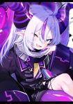  1girl bangs coat demon_horns highres hololive horns la+_darknesss open_mouth pointy_ears purple_coat silver_hair simple_background smile solo utsusumi_kio white_background yellow_eyes 