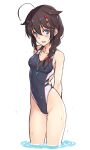  1girl ahoge alternate_costume arms_behind_back ass_visible_through_thighs bare_arms bare_shoulders black_hair black_swimsuit blue_eyes blush braid breasts competition_swimsuit cowboy_shot dan_(kumadan) hair_flaps hair_ornament hair_over_shoulder highres kantai_collection long_hair looking_at_viewer medium_breasts one-piece_swimsuit remodel_(kantai_collection) shigure_(kancolle) simple_background single_braid smile solo standing swimsuit wading wet whistle white_background 