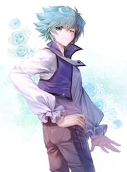  1boy ;) absurdres bangs bishounen blue_flower blue_hair blue_rose flower grey_pants hair_between_eyes hand_on_hip highres johan_andersen long_sleeves looking_at_viewer lushuao male_focus medium_hair one_eye_closed pants rose shiny shiny_hair shirt smile solo white_background white_shirt yu-gi-oh! yu-gi-oh!_gx 