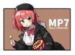  1girl ahoge beret black_border black_coat black_headwear blush border bow bowtie breasts brown_background candy character_name coat collared_shirt commentary copyright_name english_commentary eyebrows_visible_through_hair food girls_frontline hair_bobbles hair_ornament hat headphones holding holding_candy holding_food holding_lollipop junsuina_fujunbutsu lollipop long_sleeves medium_breasts mp7_(girls&#039;_frontline) off_shoulder one_side_up open_mouth pink_bow pink_bowtie pink_hair shirt short_hair solo upper_body white_shirt yellow_eyes 