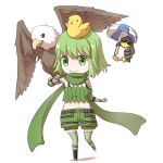  1girl animal_on_arm animal_on_head bangs barrel belt bird bird_on_arm bird_on_head black_footwear boots bra_strap breasts brown_belt chibi closed_mouth commentary_request eagle elbow_gloves eyebrows_visible_through_hair fingerless_gloves full_body galapago_(ragnarok_online) galapagos_penguin gloves green_eyes green_gloves green_hair green_legwear green_scarf green_shorts green_tube_top looking_at_viewer midriff natsuya_(kuttuki) navel on_head penguin pouch ragnarok_online ranger_(ragnarok_online) scarf short_hair shorts simple_background small_breasts smile sunglasses thigh-highs umbrella white_background 