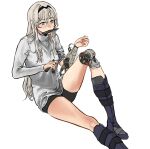 1girl an-94_(girls&#039;_frontline) android asaripan bike_shorts black_shorts blue_eyes boots commentary_request eyebrows_visible_through_hair girls_frontline grey_hair hairband highres joints knee_up knife knife_in_mouth long_hair long_sleeves mechanical_parts mouth_hold pliers repairing robot_joints shirt shorts simple_background sitting sleeve_rolled_up solo turtleneck white_background white_shirt wire 