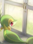  closed_mouth commentary_request glass highres looking_outside looking_to_the_side no_humans plant pokemon pokemon_(creature) potted_plant red_eyes ryuma210 signature smile snivy solo window 