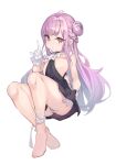  1girl ahoge ass bangs bare_legs bare_shoulders barefoot black_dress blush breasts closed_mouth double_bun dress eyebrows_visible_through_hair gloves hair_bun highres knees_up long_hair looking_at_viewer mishuo_(misuo69421) original panties purple_hair revealing_clothes side_bun skindentation sleeveless sleeveless_dress small_breasts solo underwear v very_long_hair violet_eyes white_gloves 