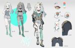  1girl boots bra braid character_name concept_art full_body girls_frontline green_hair green_pupils grey_hair grey_shirt grey_shorts grin hair_ornament highres hillly_(maiwetea) long_hair looking_at_viewer mag-7_(girls&#039;_frontline) multicolored_hair off_shoulder orange_eyes shirt shorts smile solo spaghetti_strap square_pupils streaked_hair underwear 