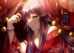 1girl animal_ears bangs bead_bracelet beads bell bracelet commentary_request floral_print hand_up haruhitooo highres holding_own_arm horse_ears japanese_clothes jewelry jingle_bell kimono lantern long_hair looking_at_viewer narita_brian_(umamusume) off_shoulder paper_lantern purple_hair red_kimono sidelocks sideways_glance sideways_mouth solo umamusume upper_body yellow_eyes 