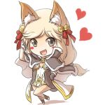  1girl :d animal_ear_fluff animal_ears bangs bell blonde_hair blush_stickers boots bow brown_cape brown_dress brown_eyes brown_footwear brown_gloves cape commentary_request dress eyebrows_visible_through_hair fox_ears full_body fur-trimmed_cape fur-trimmed_gloves fur_trim gloves hair_bell hair_bow hair_ornament hand_on_hip hand_up heart high_wizard_(ragnarok_online) jingle_bell layered_dress long_hair looking_at_viewer low-tied_long_hair natsuya_(kuttuki) open_mouth ragnarok_online red_bow short_dress simple_background smile solo standing standing_on_one_leg strapless strapless_dress two-tone_dress two-tone_footwear white_background white_dress white_footwear 
